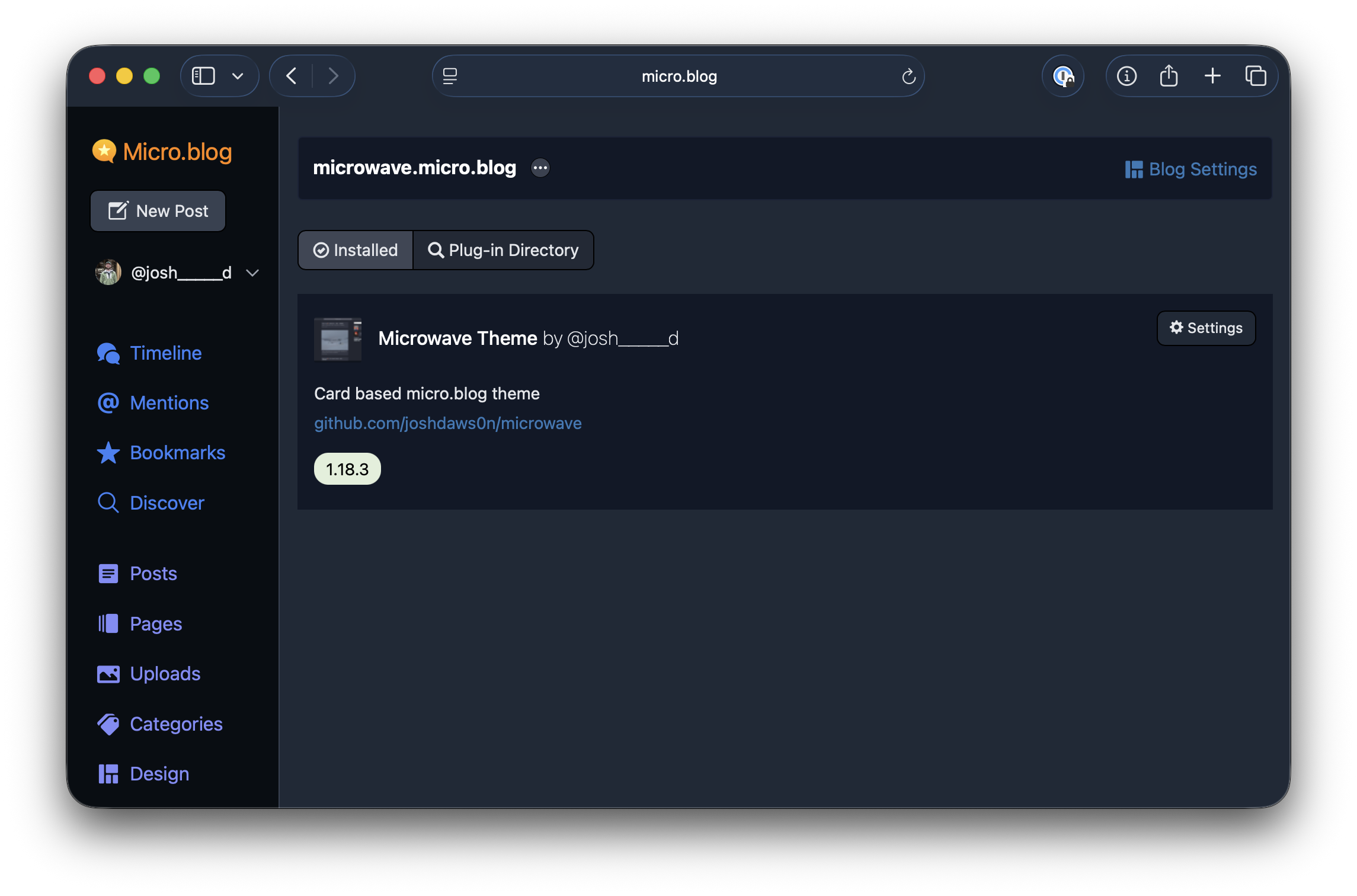Auto-generated description: A dark-themed web interface displays a micro.blog plugin page featuring the Microwave Theme with navigation options on the left side.
